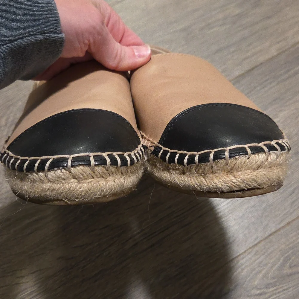 Leather Espadrille Flats in Beige with Black Cap Toe